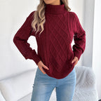 Women's Cable-Knit Turtleneck Sweater With Puff Sleeves
