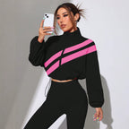 Fall Color Block Diagonal Stand Collar Cropped Sun Protection Jacket