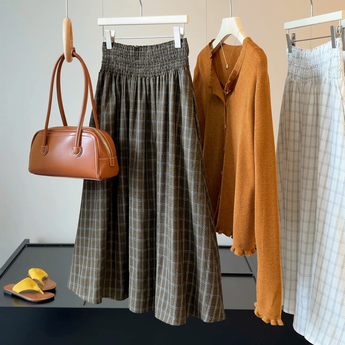 Retro Artistic Plaid Skirt for Women Early Autumn Elastic