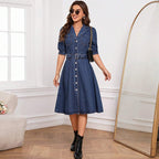 Cinched-Waist Short-Sleeve Denim Dress