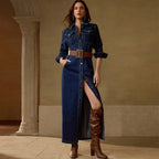Collared Button-Front Long-Sleeve Denim A-Line Maxi Dress