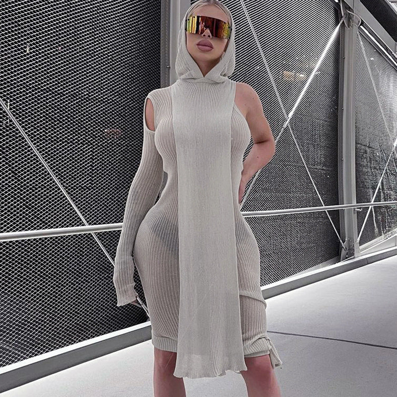 Women's Hooded Cutout Long-Sleeve Asymmetric Dress