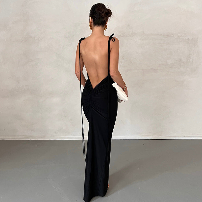 Solid Color Backless Pleated Long Elegant Slim Strap Dress For