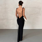Solid Color Backless Pleated Long Elegant Slim Strap Dress For