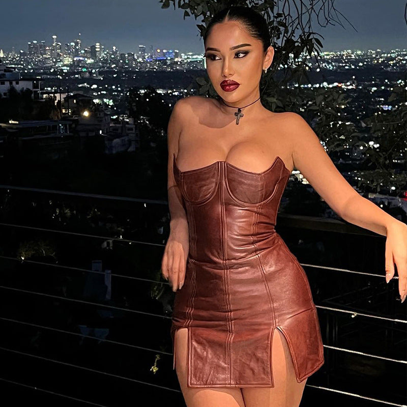 Faux Leather Off-Neck Low Cut Tight Sleeveless Backless Dress