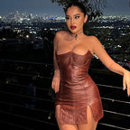 Faux Leather Off-Neck Low Cut Tight Sleeveless Backless Dress