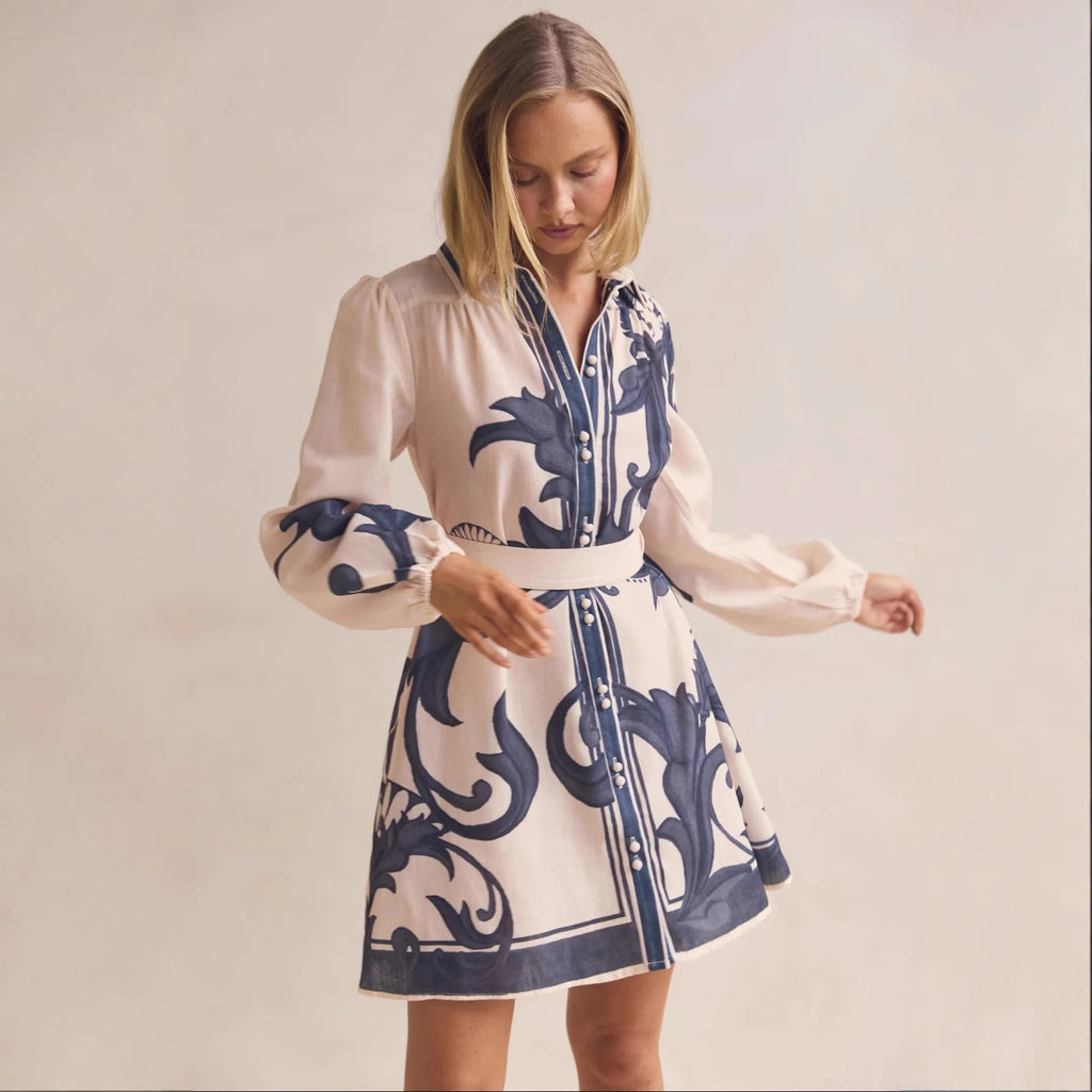 Women's Collared Printed Belted Button Long-Sleeve Dress