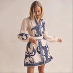 Women's Collared Printed Belted Button Long-Sleeve Dress