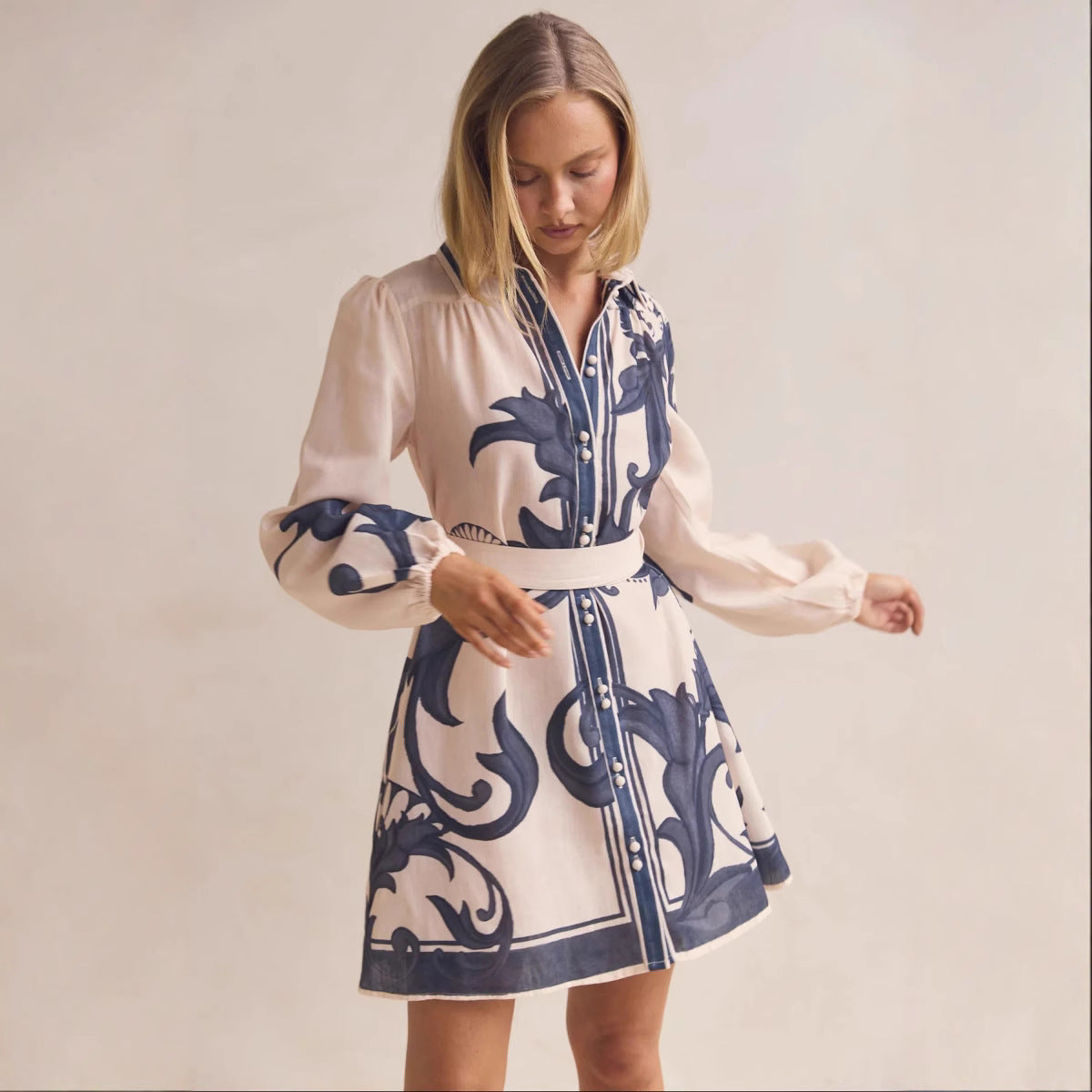 Women's Collared Printed Belted Button Long-Sleeve Dress