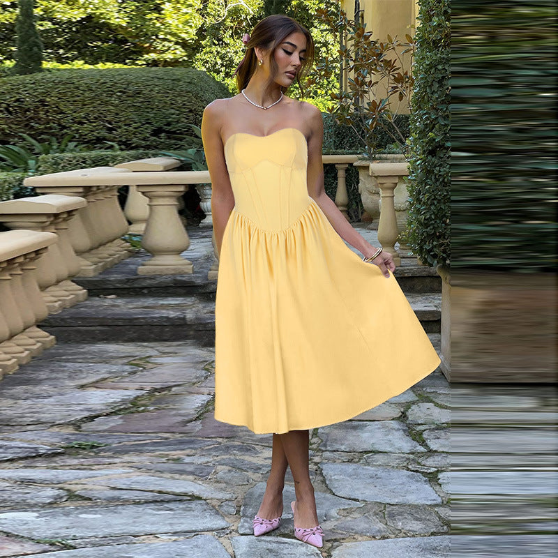 Elegant Solid-Color Sleeveless Strapless Waist Dress