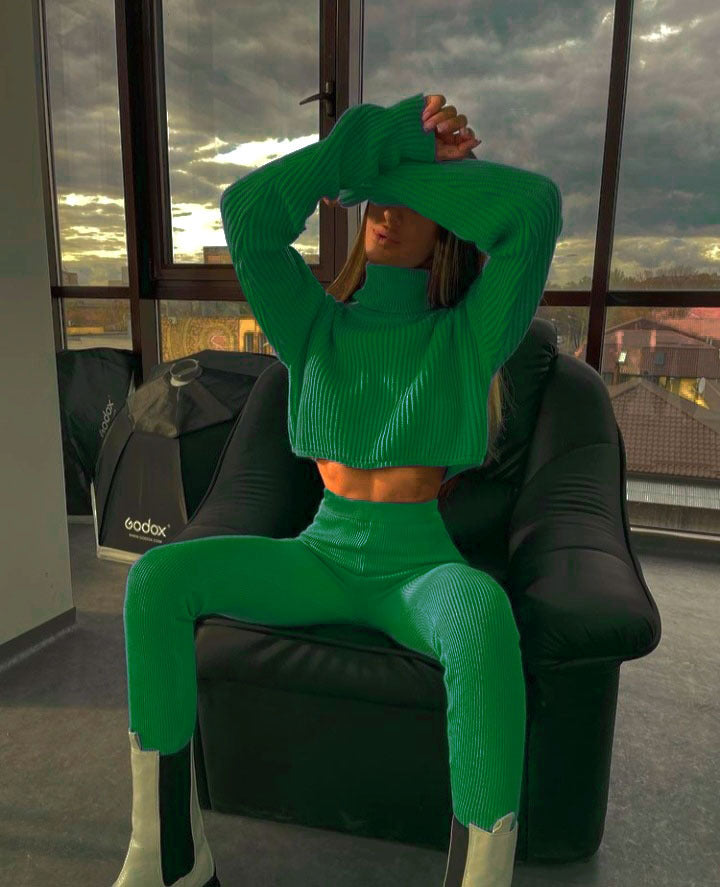 Y2k Knitted Suit Long-Sleeve High-Waisted Solid Color Wool Trousers Autumn Winter Two-Piece Set