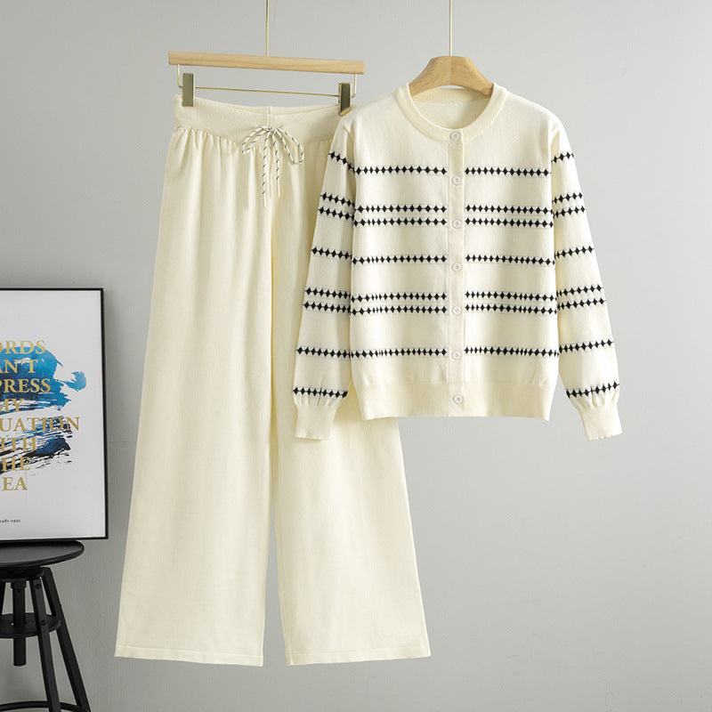 Spring Autumn Knitted Cardigan Women round Neck Striped