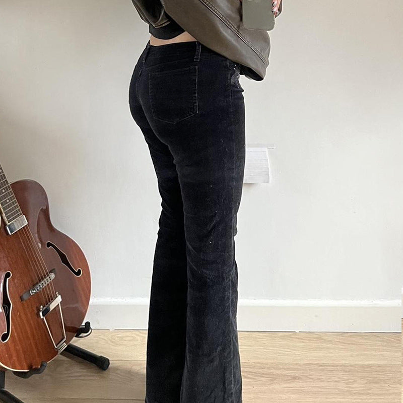 Street Rhinestone Floral Starry Sky Printed Trousers Women Casual All Match Sexy Woven Bootcut Trousers