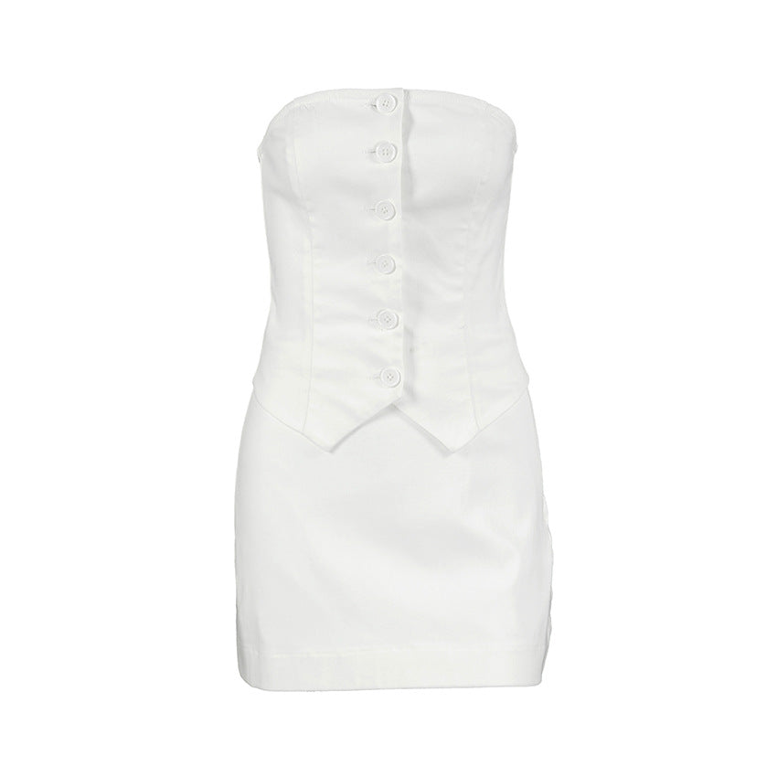 Women's White Lace Asymmetric Top and Skirt Two-Piece Set