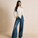 Women's French Texture Oblique Shoulder Bell Sleeve Top Women Irregular Asymmetric Hem Waist Controlled Slimming Long Sleeve T Shirt