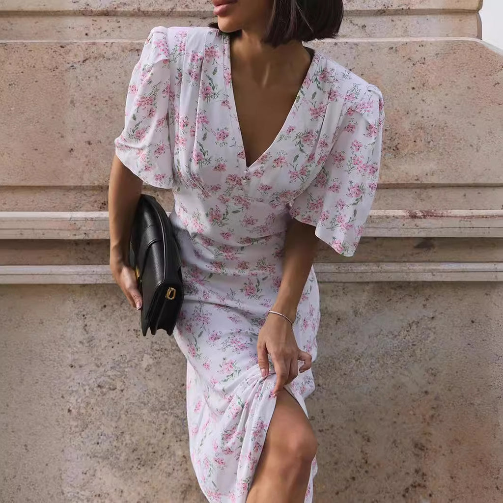 Floral V-Neck Half-Sleeve A-Line Maxi Dress