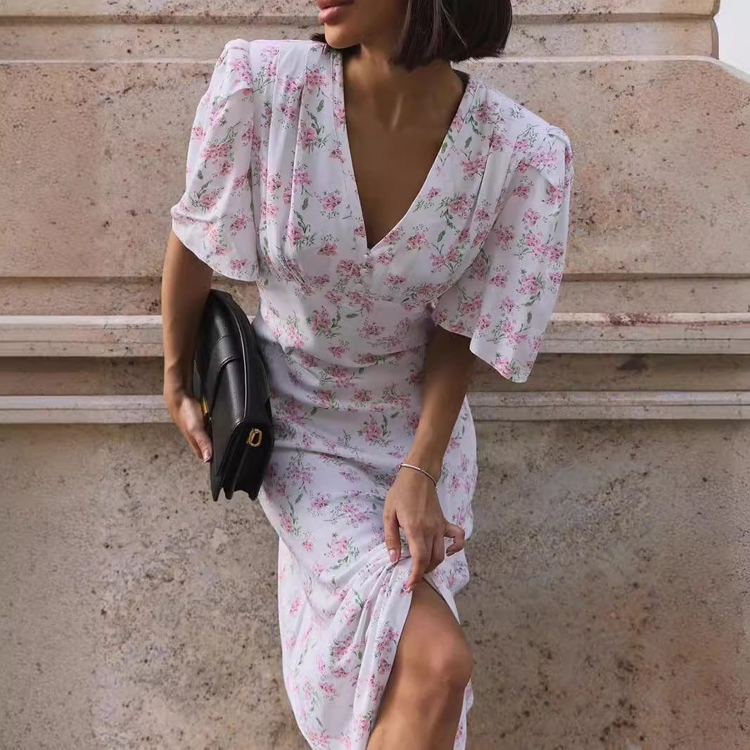 Floral V-Neck Half-Sleeve A-Line Maxi Dress