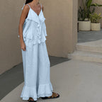 Women Clothing Summer Design Ruffled V neck SL Sling Top