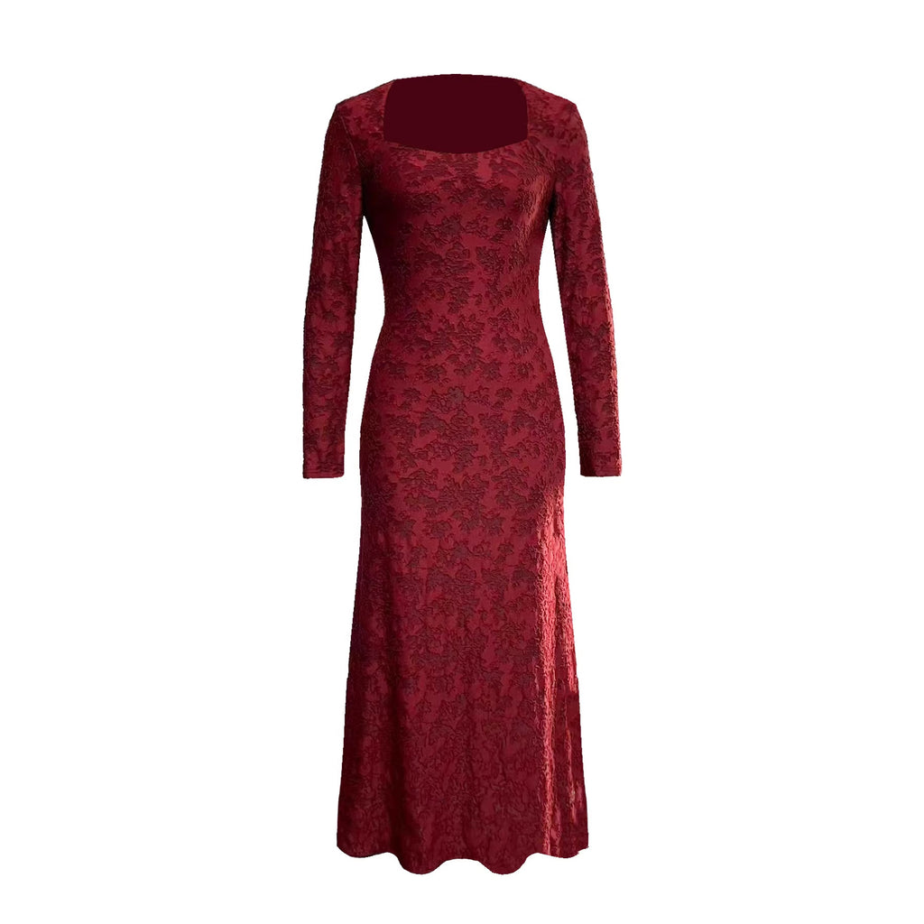 Red lace long-sleeve fitted midi dress, back view with square collar