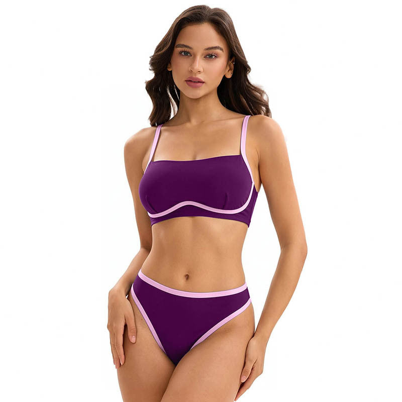 Green bikini with bandeau top and high-waist briefs, white contrast trim