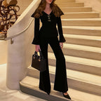 Autumn Winter Retro Black V-Neck Slim Top Waist Controlled Bell Bottom Pants Elegant Set
