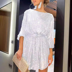 Sequin Belted Long-Sleeve A-Line Mini Dress