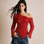 Women's Arrival Oblique Shoulder Texture T Shirt Irregular Asymmetric Hem Metal Buckle Horn Long Sleeve Top