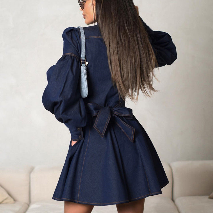 Belted Denim Long Sleeve Shirt Mini Dress