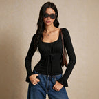 Square Collar Long Sleeve T shirt Women Lace Stitching Tied