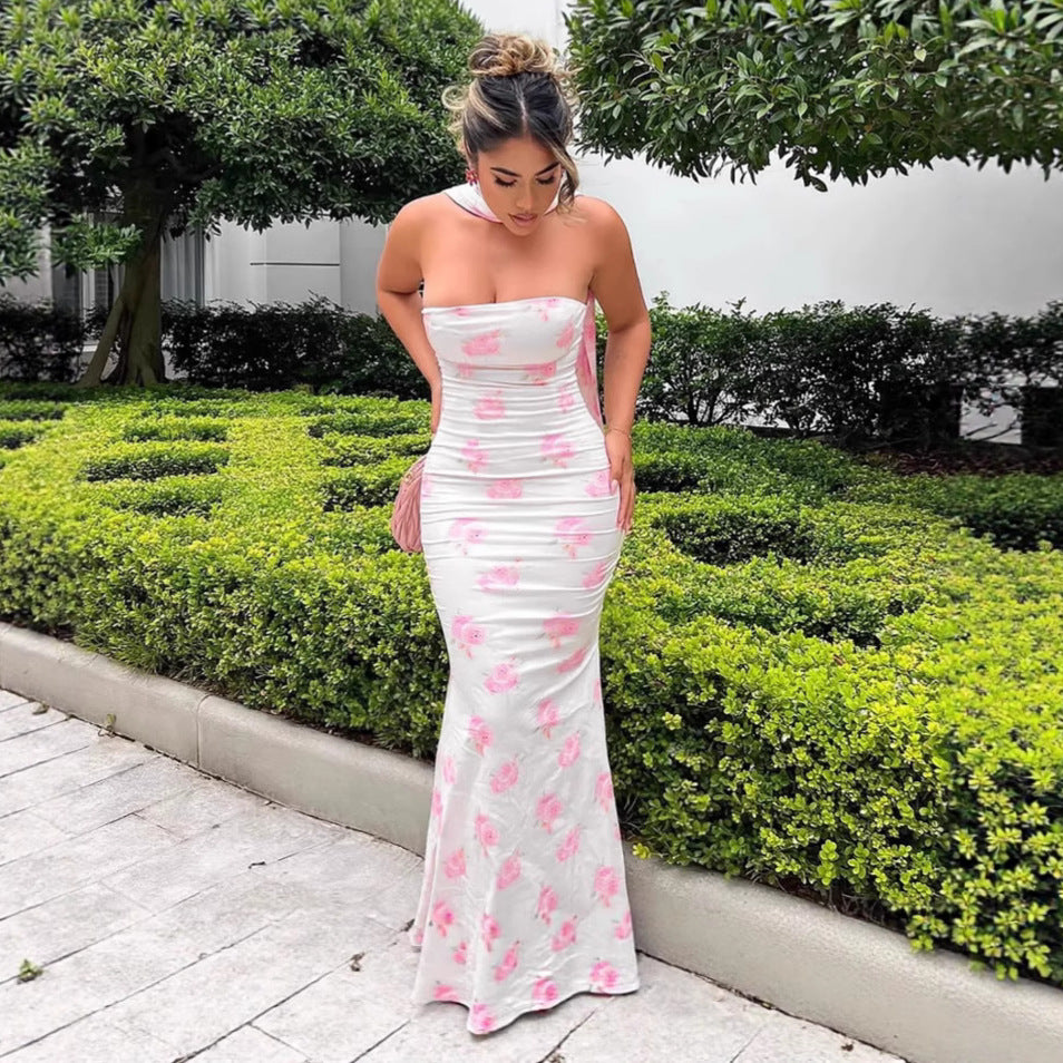 Floral Strapless Backless Bodycon Maxi Dress