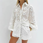 Women's Lace Suit Embroidery Transparent Shirt High Waist Shorts White