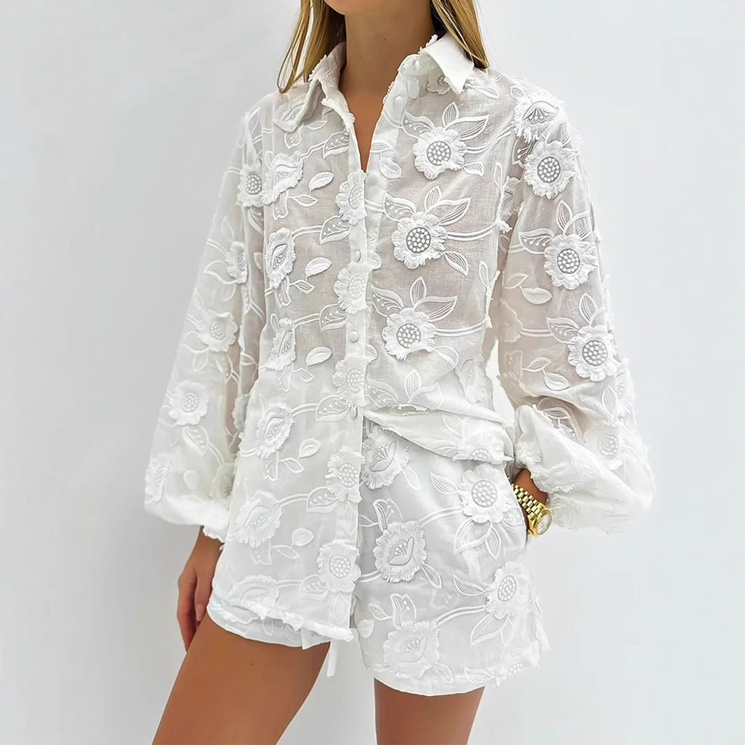Women's Lace Suit Embroidery Transparent Shirt High Waist Shorts White