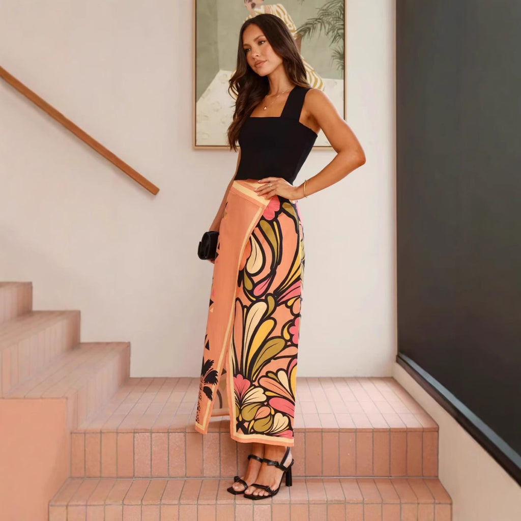 Floral Print Slit Sheath A Swing Skirt