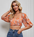 Women's Women Clothing V Neck Cropped Outfit Holiday Floral Print Chiffon Shirt Spring Summer