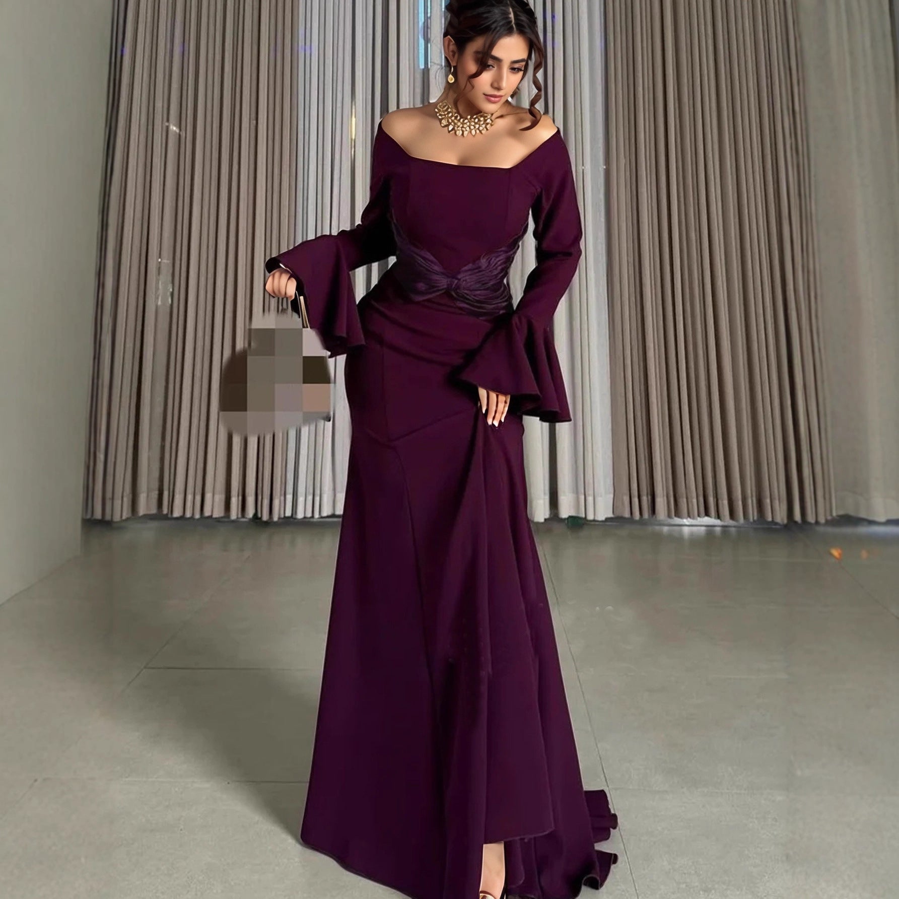 Off-Shoulder Long-Sleeve Ruched Bodycon Maxi Dress
