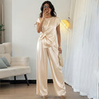 Light Luxury Office Satin Twisted round Neck Top Wide Leg Pants Set