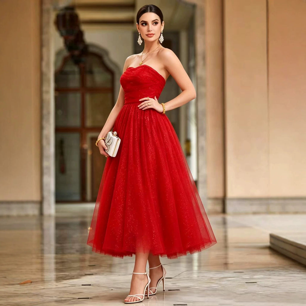 Women's Red Strapless A-Line Evening Midi Dress