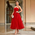 Women's Red Strapless A-Line Evening Midi Dress