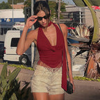 Women's Lace-Up Tassel Halter Top