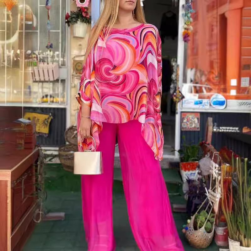 Summer Colorful Chiffon Casual Round Neck Printed Two Piece Set Women's