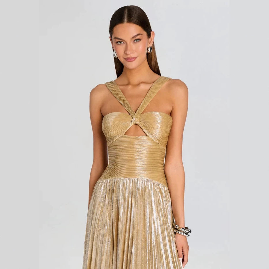 Women's Gold Pleated Swing Dress