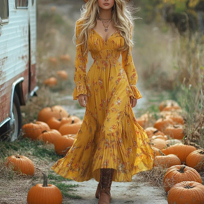 Women's Retro Floral Print High Waist Loose Maxi Dress