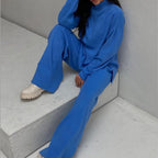 Autumn Winter Russian Long-Sleeve Loose Casual Sweater Knitted Top Trousers Set