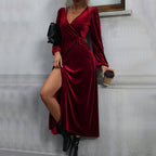 Women's Women's Wine Red Party Party Velvet Mid Length Dress