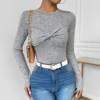 Women's Fall Women Clothing Twist Solid Color Long Sleeved Fitted T Shirt Women
