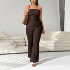 Retro Tied Slim Fit Tube Top with Wide Leg Pants Women Summer Wear Slimming Graceful Fashionable Two Piece Set
