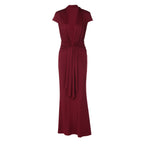 Solid Color Deep V Plunge neck Short Sleeve Ribbon Slim Sheath Dress