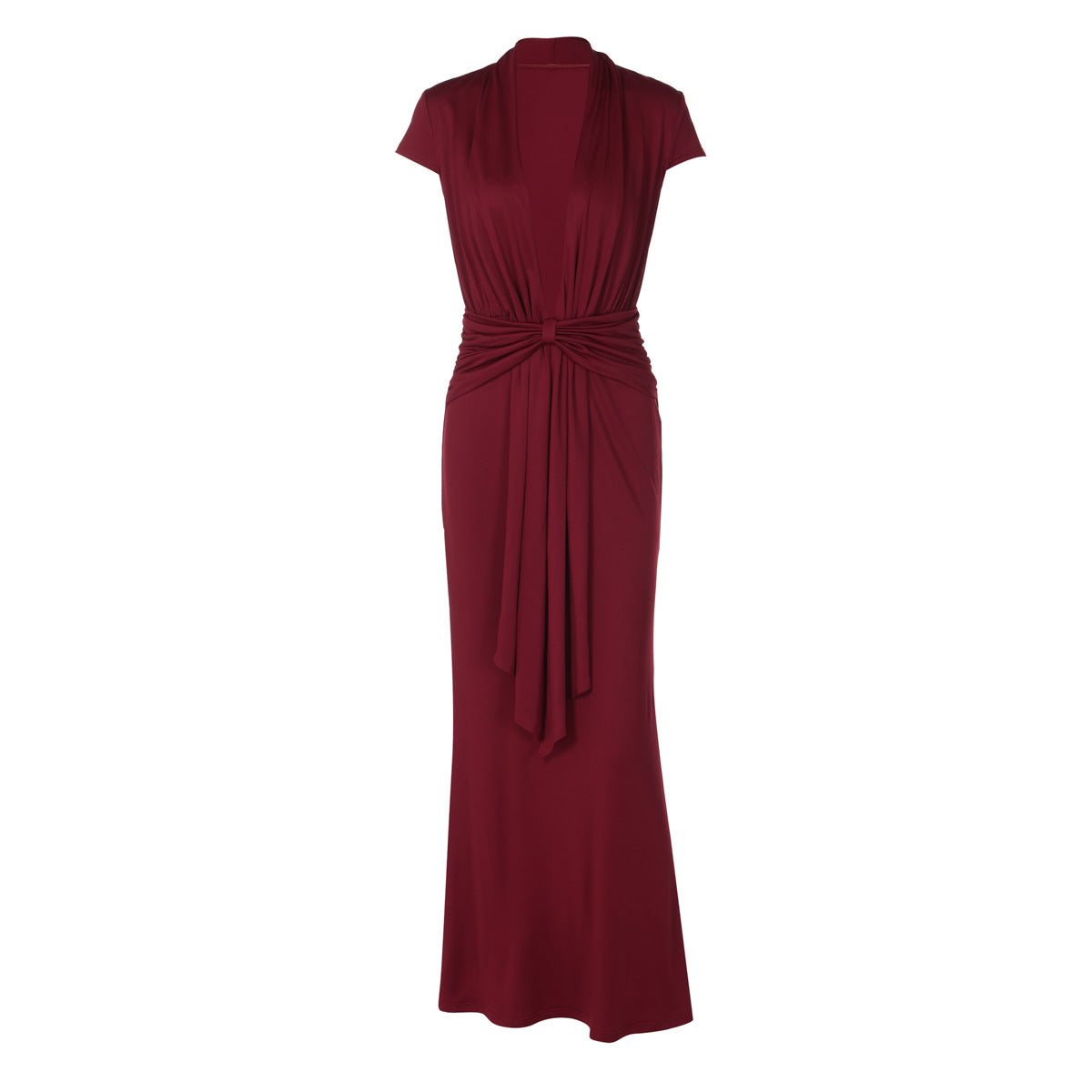 Solid Color Deep V Plunge neck Short Sleeve Ribbon Slim Sheath Dress