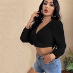 Women's Design V Neck Long-Sleeved T Shirt Backless Short Top Women