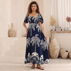 Summer Printed Bell Sleeve High-Waist Big Swing French Dress